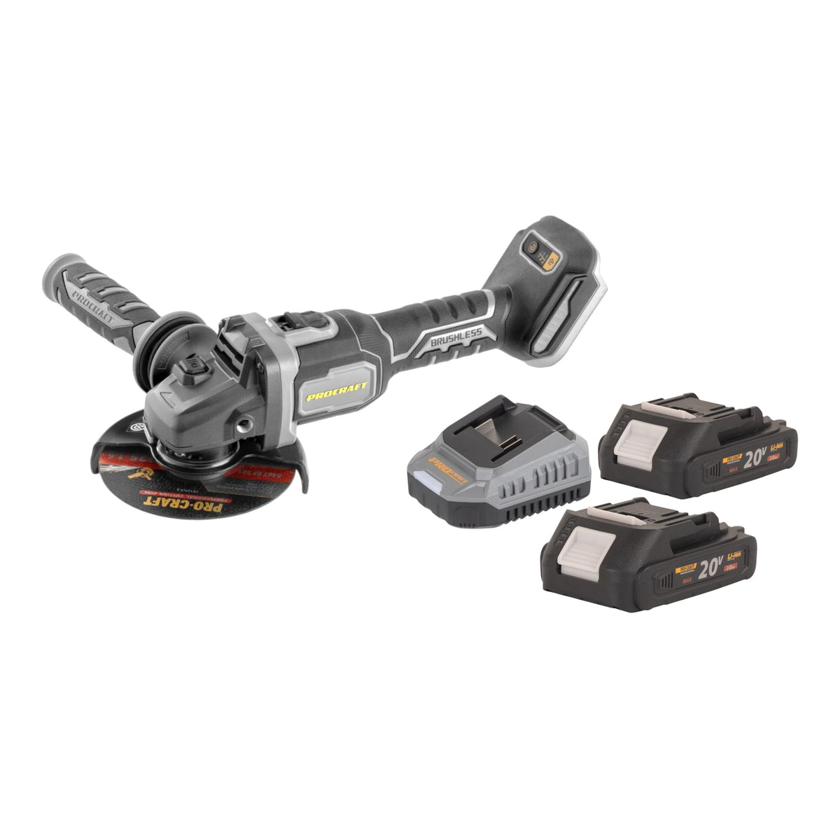 Amoladora angular con batería Procraft Industrial AG125Bbb 20 V 125 mm sin escobillas + 2 baterías de 2,0 Ah + cargador
