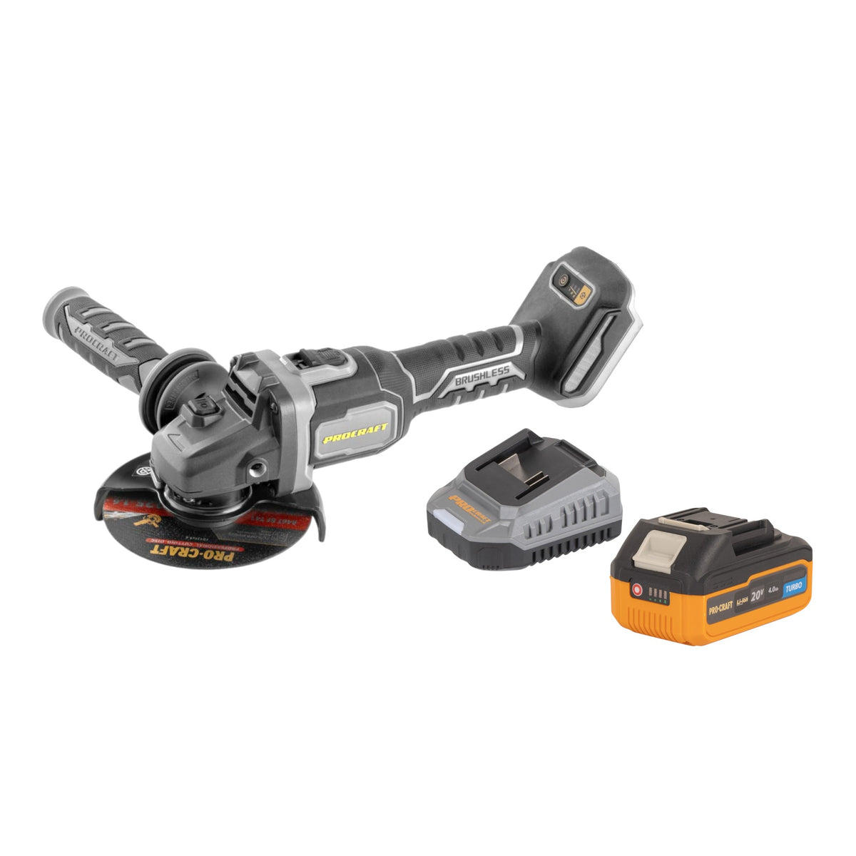 Amoladora angular con batería Procraft Industrial AG125Bbb 20 V 125 mm sin escobillas + 1 batería de 4,0 Ah + cargador