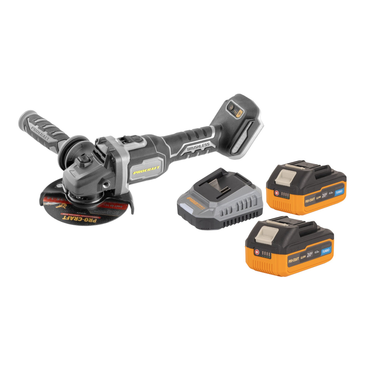 Amoladora angular con batería Procraft Industrial AG125Bbb 20 V 125 mm sin escobillas + 2 baterías de 4,0 Ah + cargador