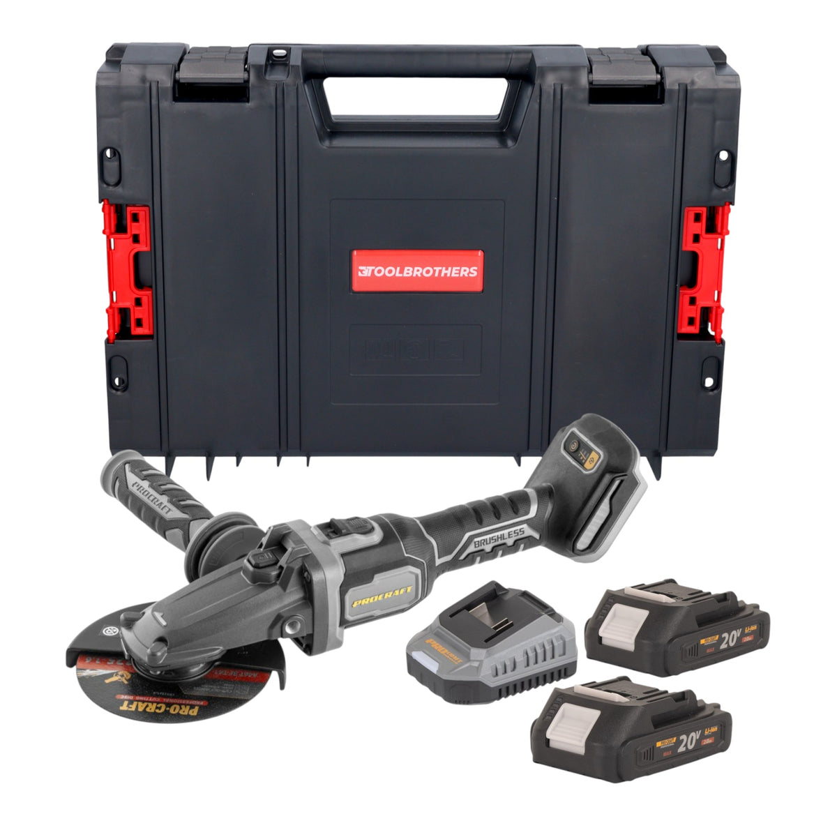 Procraft Industrial AG125Cbb Amoladora angular de cabeza plana con batería 20 V 125 mm sin escobillas + 2 baterías de 2,0 Ah + cargador + maletín RHINO Toolcase