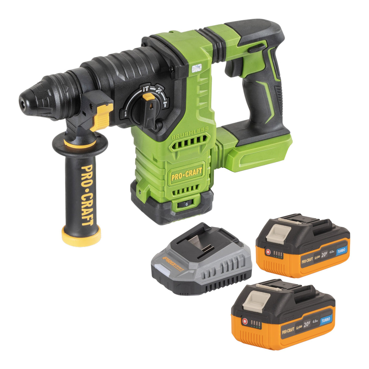 Martillo perforador a batería Procraft PHA30bb 20 V 2,8 J SDS plus sin escobillas + 2 baterías de 4,0 Ah + cargador