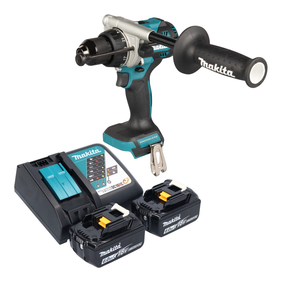 Taladro atornillador de impacto a batería Makita DHP 492 RG 18 V 141 Nm sin escobillas + 2 baterías de 6,0 Ah + cargador