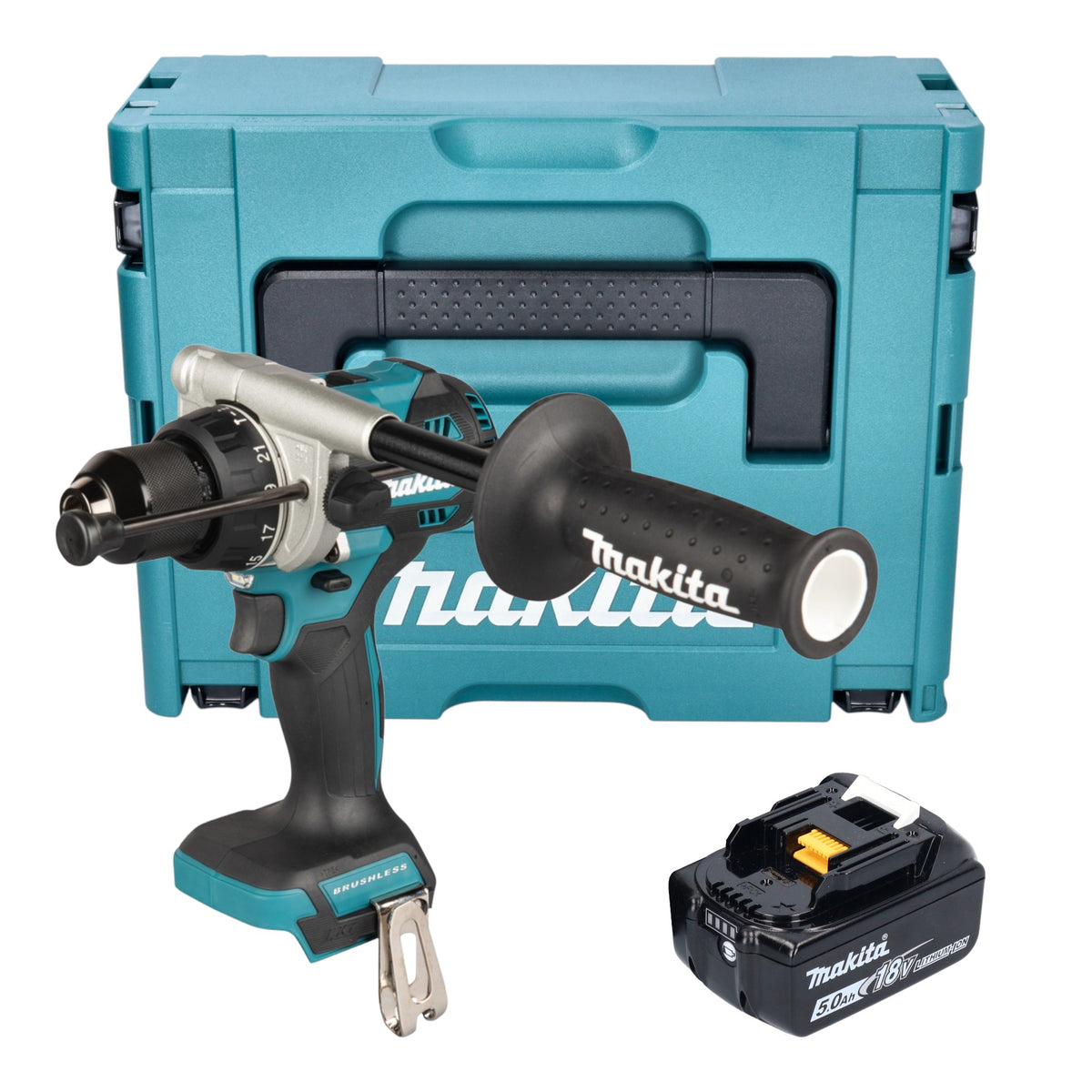Taladro atornillador de impacto a batería Makita DHP 492 T1J 18 V 141 Nm sin escobillas + 1 batería de 5,0 Ah + Makpac - sin cargador