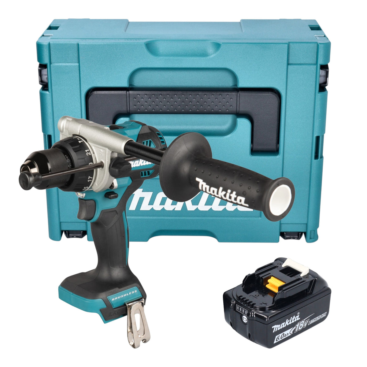 Taladro atornillador de impacto a batería Makita DHP 492 G1J 18 V 141 Nm sin escobillas + 1 batería de 6,0 Ah + Makpac - sin cargador