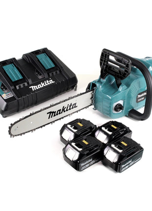 Makita DUC 353 PG4 Akku Kettensäge 36V ( 2x18V ) Brushless 35 cm + 4x 6,0 Ah Akku + Doppelladegerät - Toolbrothers