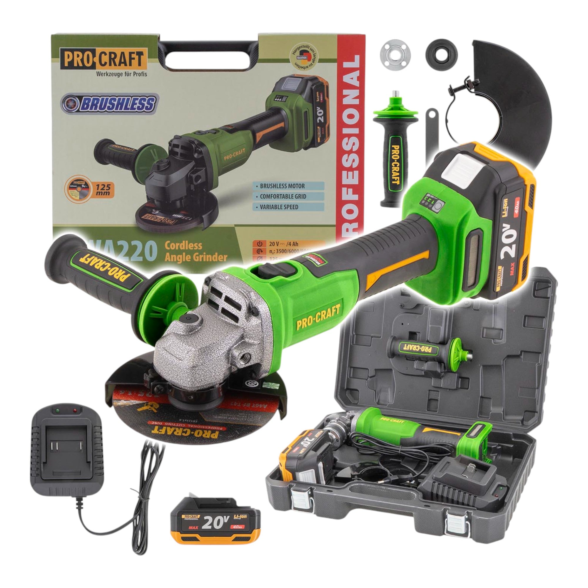 Procraft PWA220 Akku Winkelschleifer 20 V 125 mm Brushless 1x Akku 4 0 Ah Ladegeraet Koffer 0 - toolbrothers