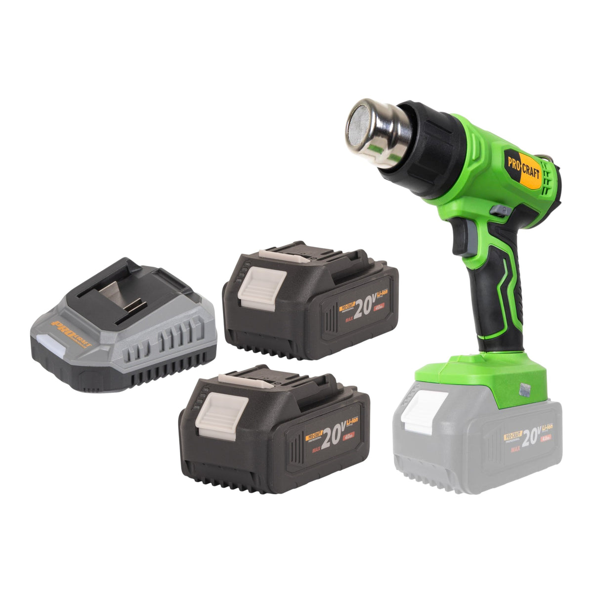 Pistola de aire caliente con batería Procraft PH24bb 20 V 50 - 550 °C + 2 baterías de 4,0 Ah + cargador