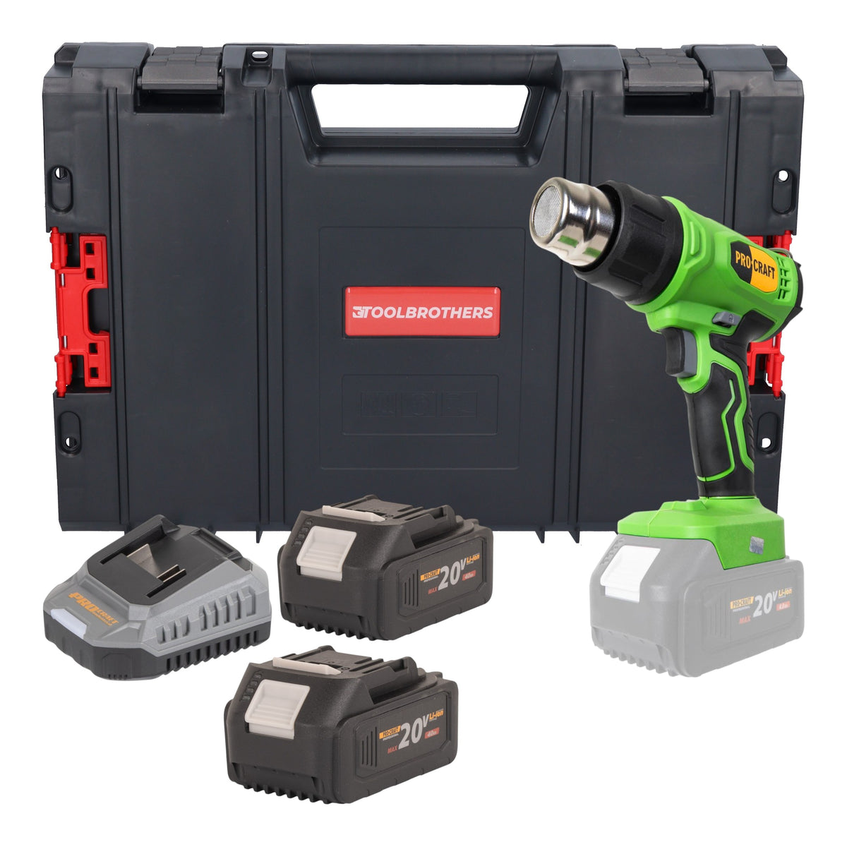 Pistola de aire caliente con batería Procraft PH24bb 20 V 50 - 550 °C + 2 baterías de 4,0 Ah + cargador + maletín RHINO Toolcase