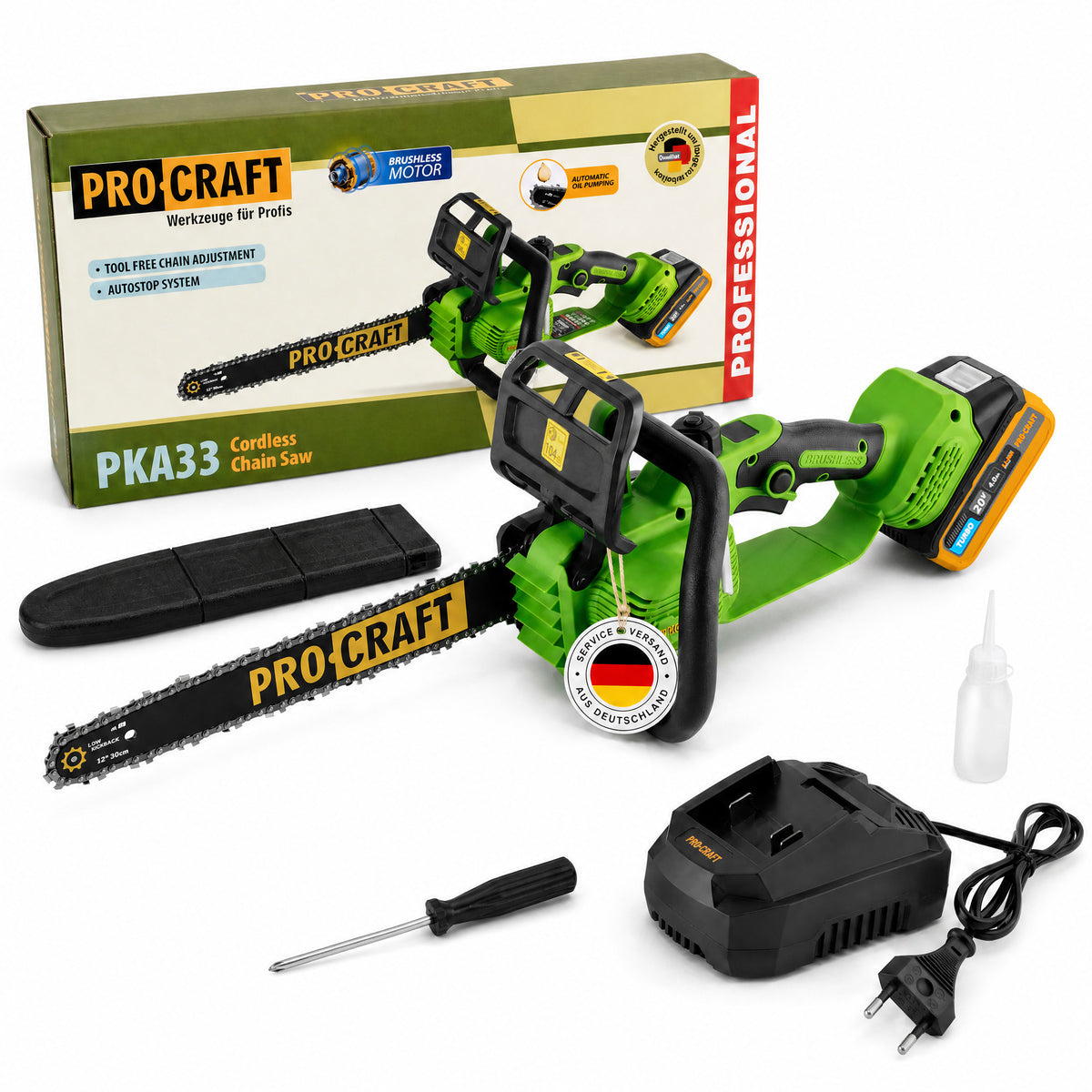 Sierra de cadena a batería Procraft PKA33-1B 20 V 304 mm sin escobillas + 1 batería de 4,0 Ah + cargador