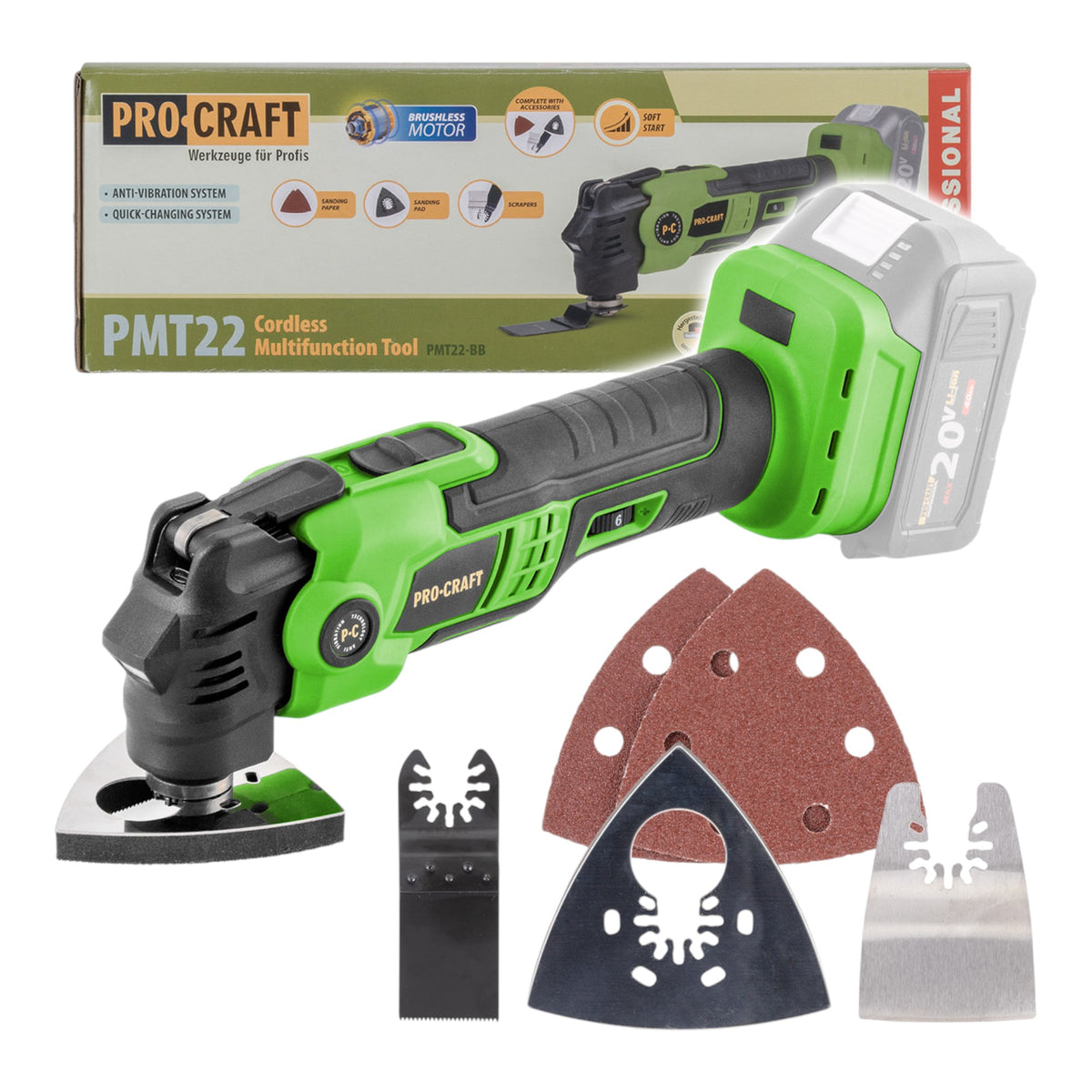 Herramienta multifunción con batería Procraft PMT22bb 20 V sin escobillas, sin batería, sin cargador