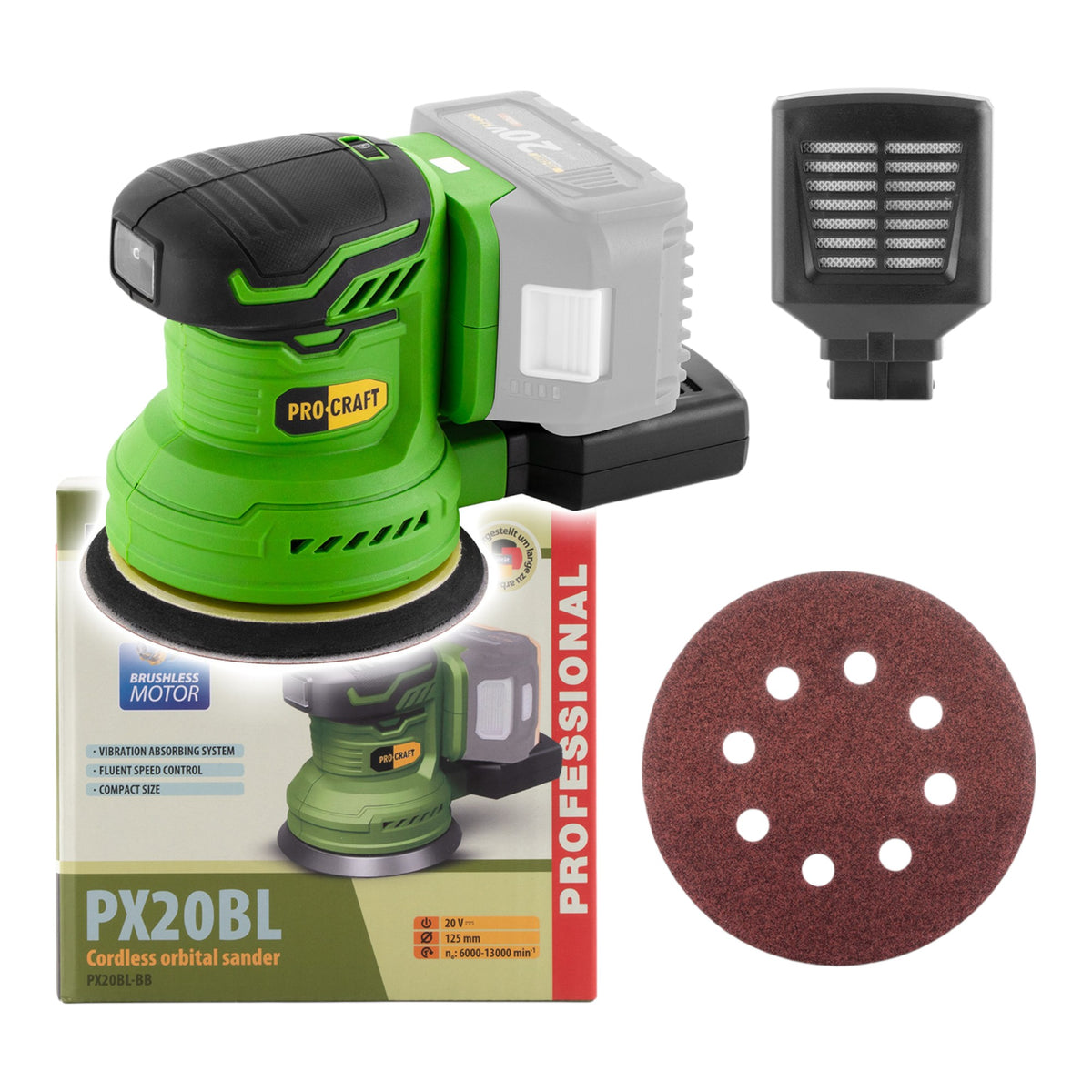 Lijadora excéntrica a batería Procraft PX20BLbb 20 V 125 mm sin escobillas Solo - sin batería, sin cargador