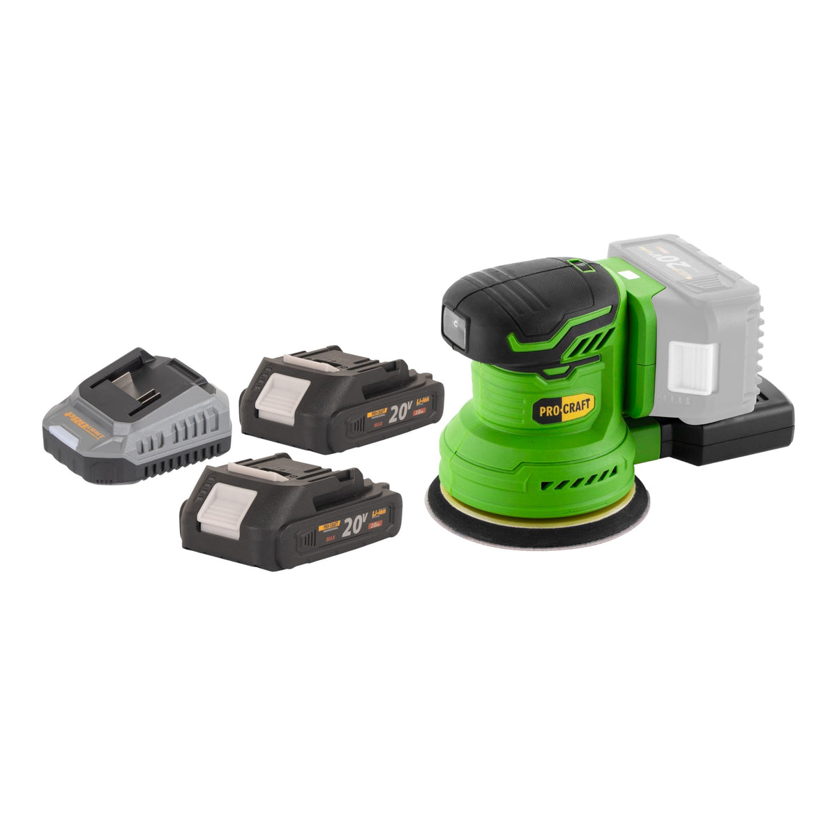 Lijadora excéntrica a batería Procraft PX20BLbb 20 V 125 mm sin escobillas + 2 baterías de 2,0 Ah + cargador