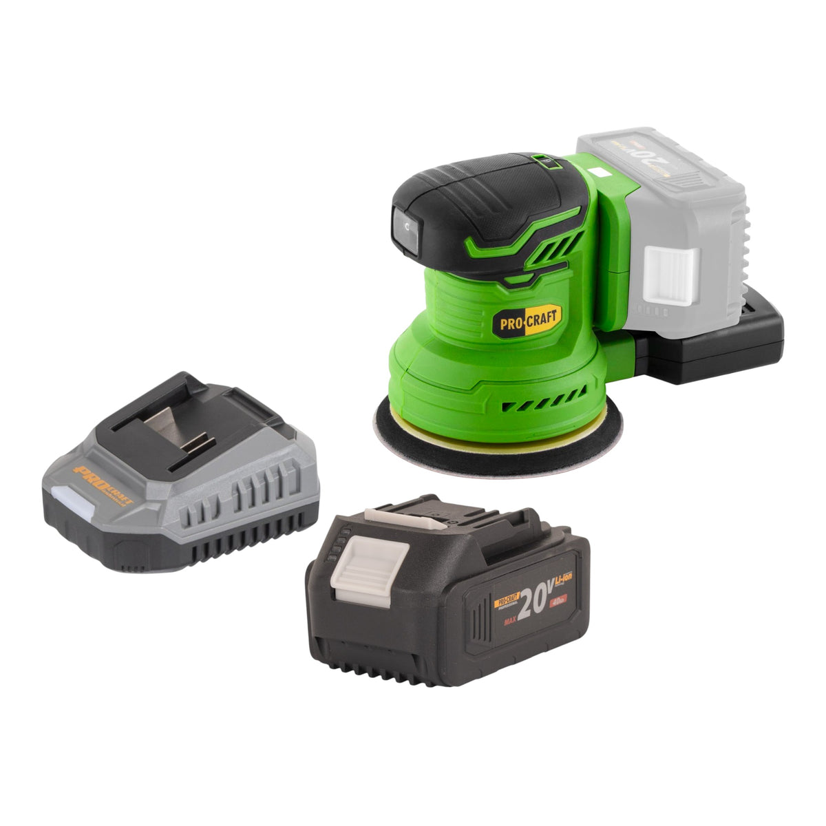 Lijadora excéntrica a batería Procraft PX20BLbb 20 V 125 mm sin escobillas + 1 batería de 4,0 Ah + cargador