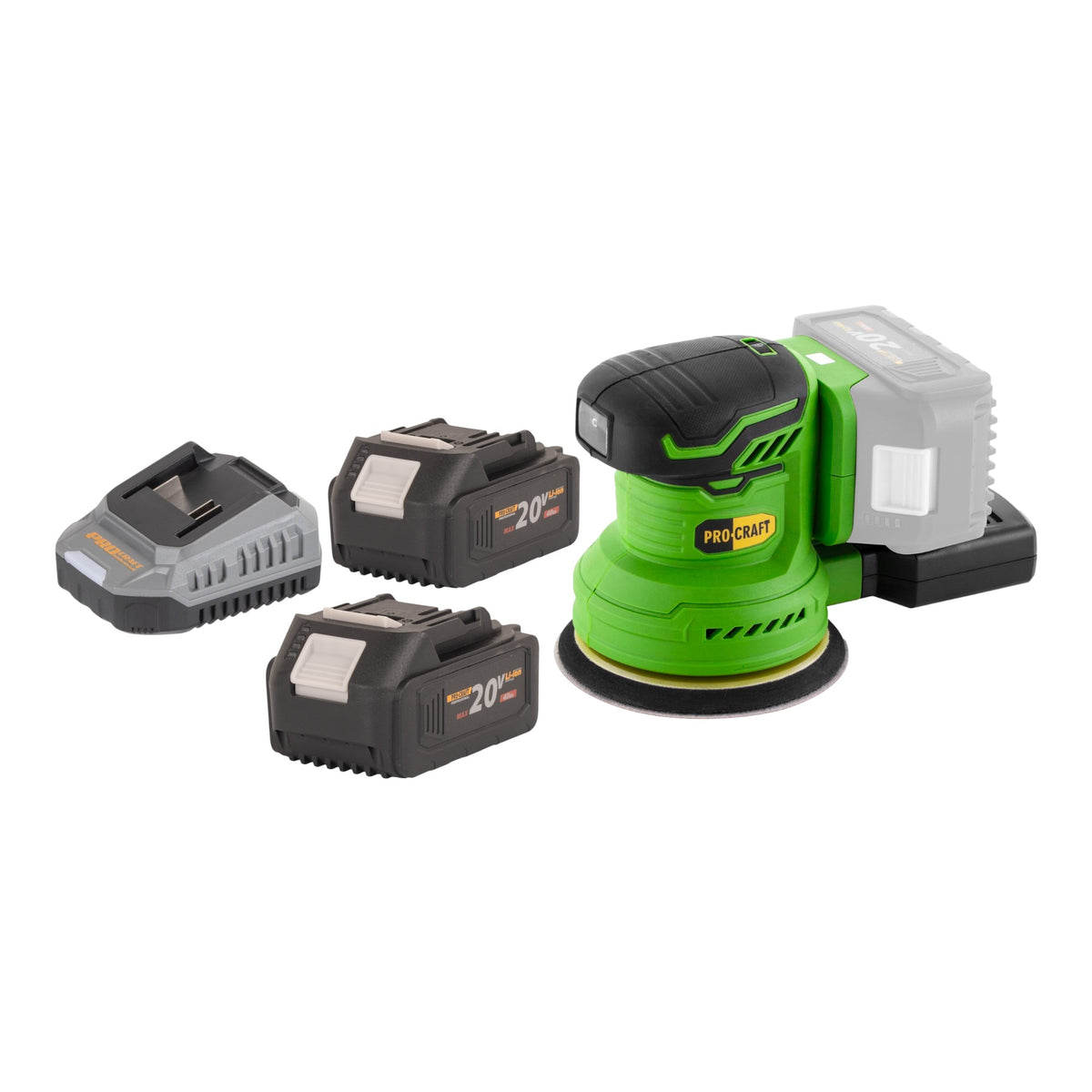 Lijadora excéntrica a batería Procraft PX20BLbb 20 V 125 mm sin escobillas + 2 baterías de 4,0 Ah + cargador