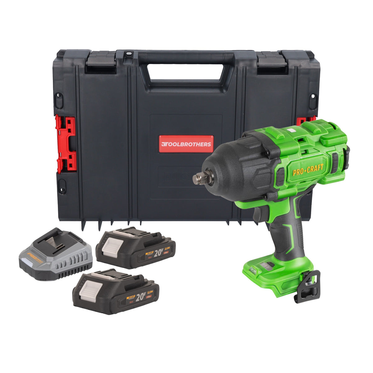 Atornillador de impacto a batería Procraft PWA80bb 20 V 1600 Nm 1/2" sin escobillas + 2 baterías de 2,0 Ah + cargador + maletín de herramientas RHINO