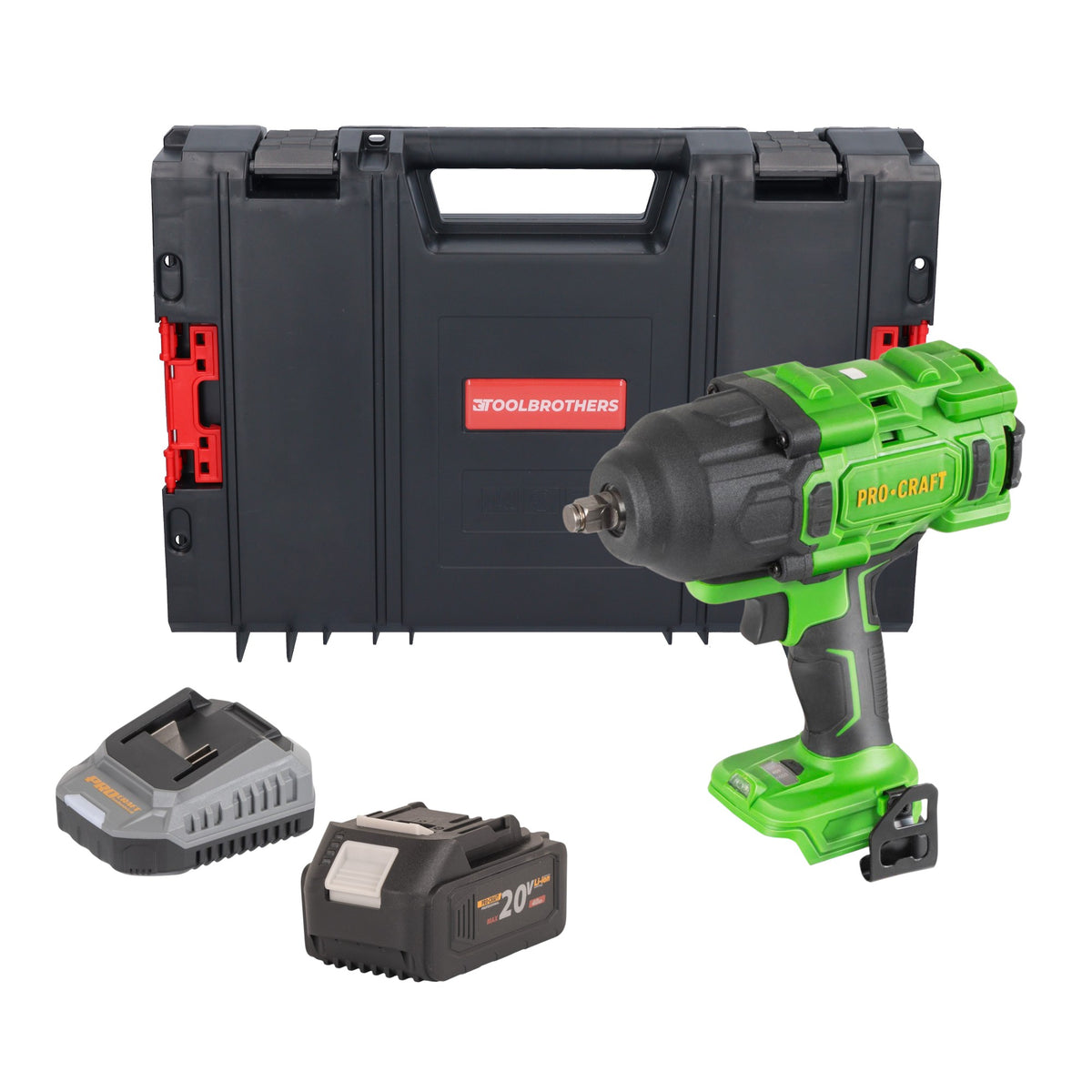 Atornillador de impacto a batería Procraft PWA80bb 20 V 1600 Nm 1/2" sin escobillas + 1 batería de 4,0 Ah + cargador + maletín RHINO