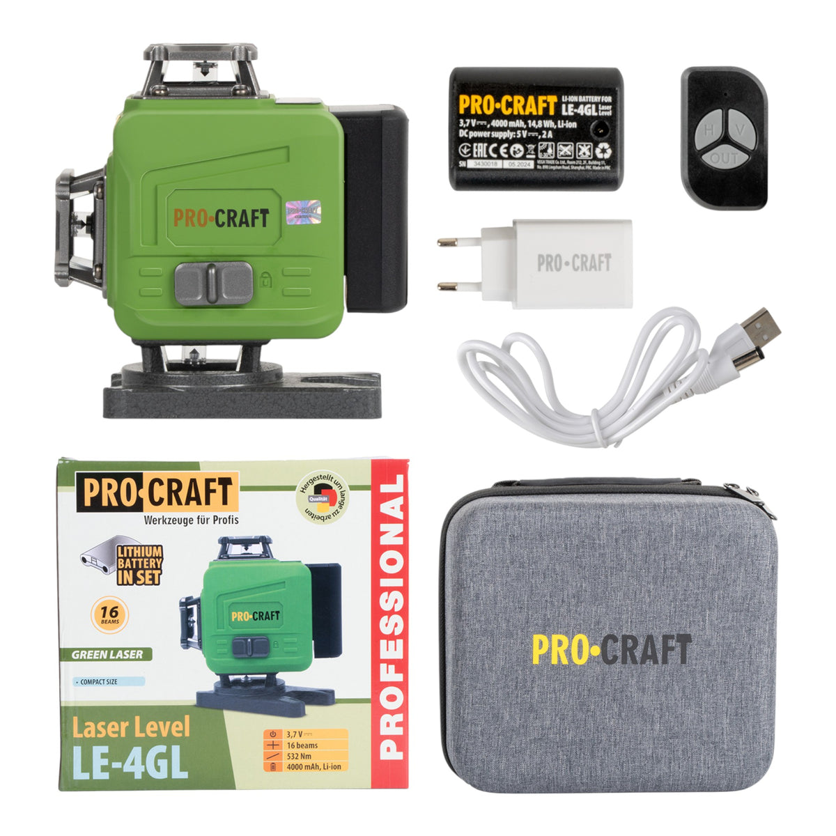 Procraft LE-4GL Set de láser de línea/líneas cruzadas con batería de 3,7 V, 40 m, verde, autonivelante, incl. baterías, cargador y accesorios