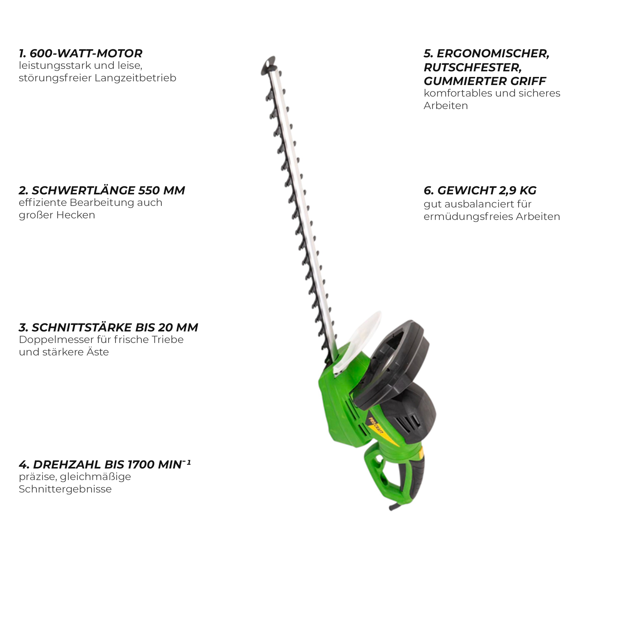 Procraft PT600 Heckenschere 600 Watt 550 mm Schnittlaenge 20 mm Schnittstaerke 4 - toolbrothers