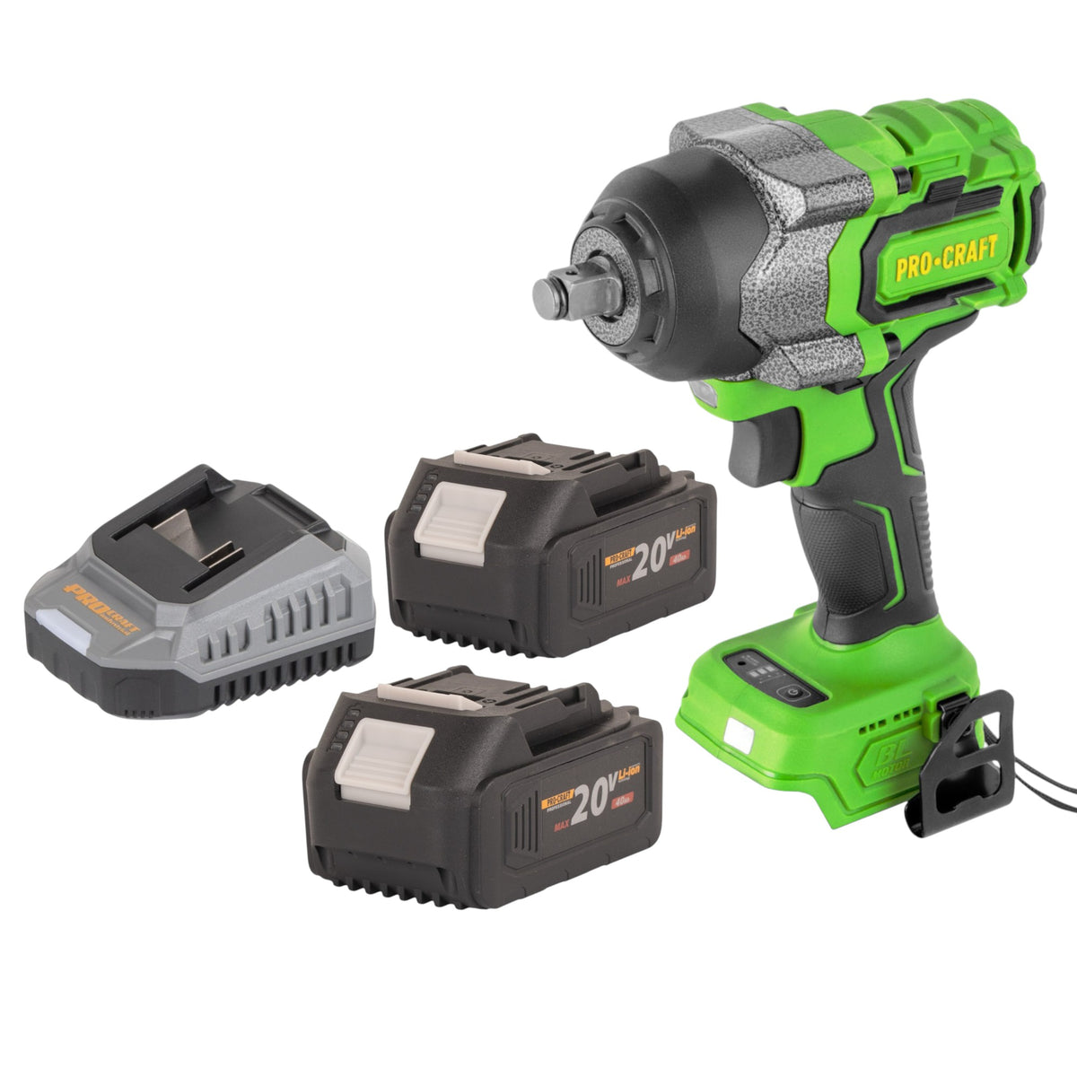 Atornillador de impacto a batería Procraft PWA36bb 20 V 850 Nm 1/2" sin escobillas + 2 baterías de 4,0 Ah + cargador