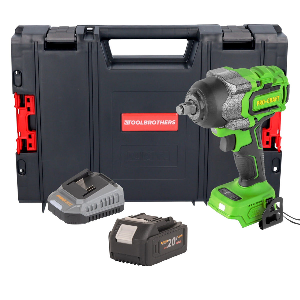 Atornillador de impacto a batería Procraft PWA36bb 20 V 850 Nm 1/2" sin escobillas + 1 batería de 4,0 Ah + cargador + maletín RHINO