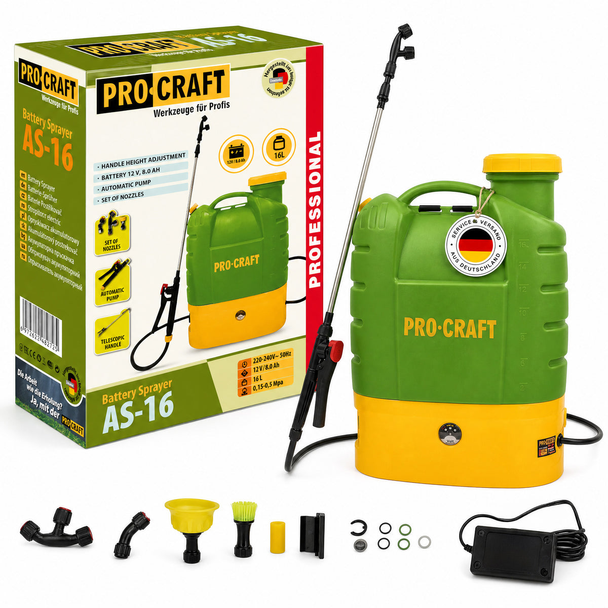 Pulverizador a batería Procraft AS-16 12 V 16 l 5,5 bar + batería integrada 8,0 Ah + cargador