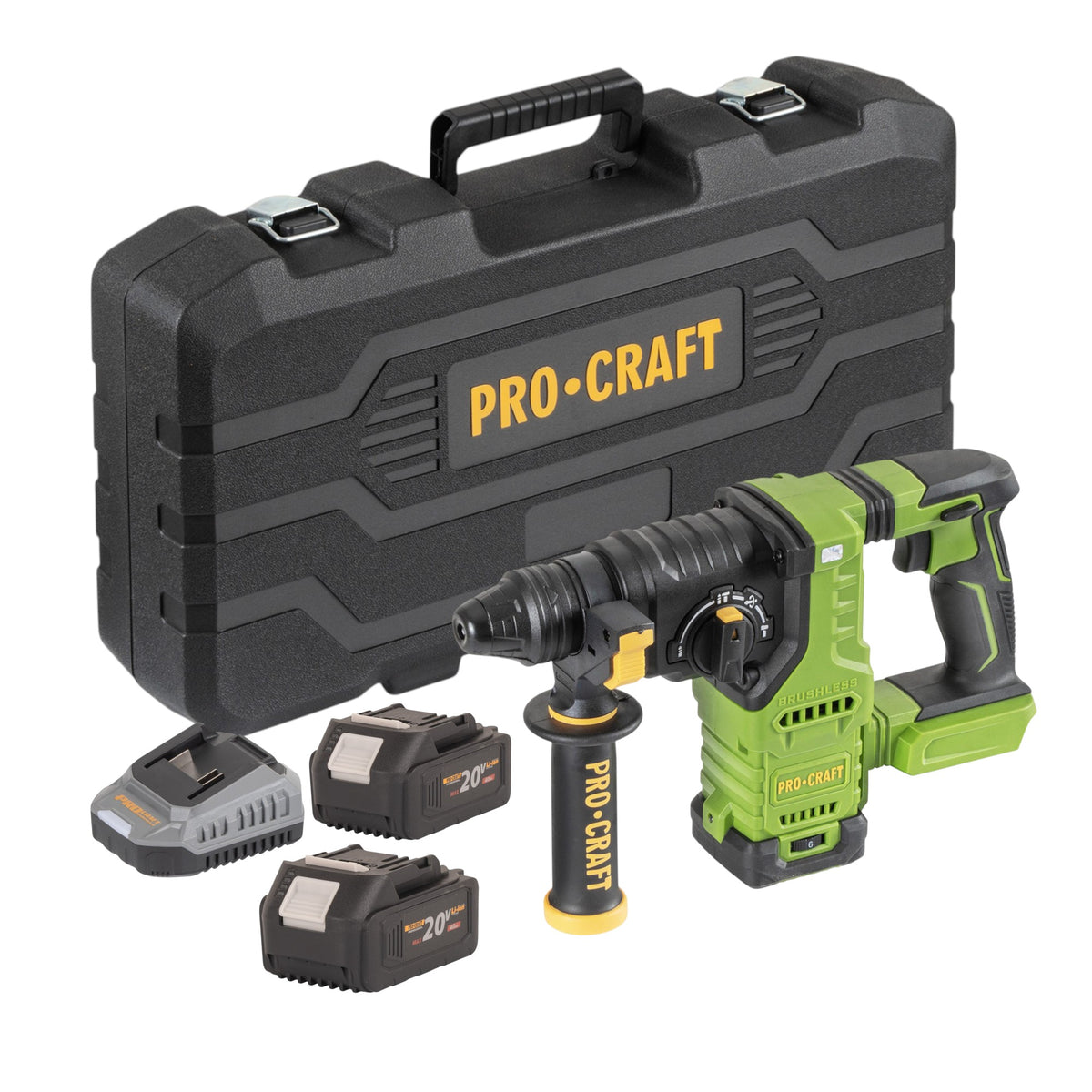 Martillo perforador a batería Procraft PHA30-bb-c 20 V 2,8 J SDS plus sin escobillas + 2 baterías de 4,0 Ah + cargador + maletín