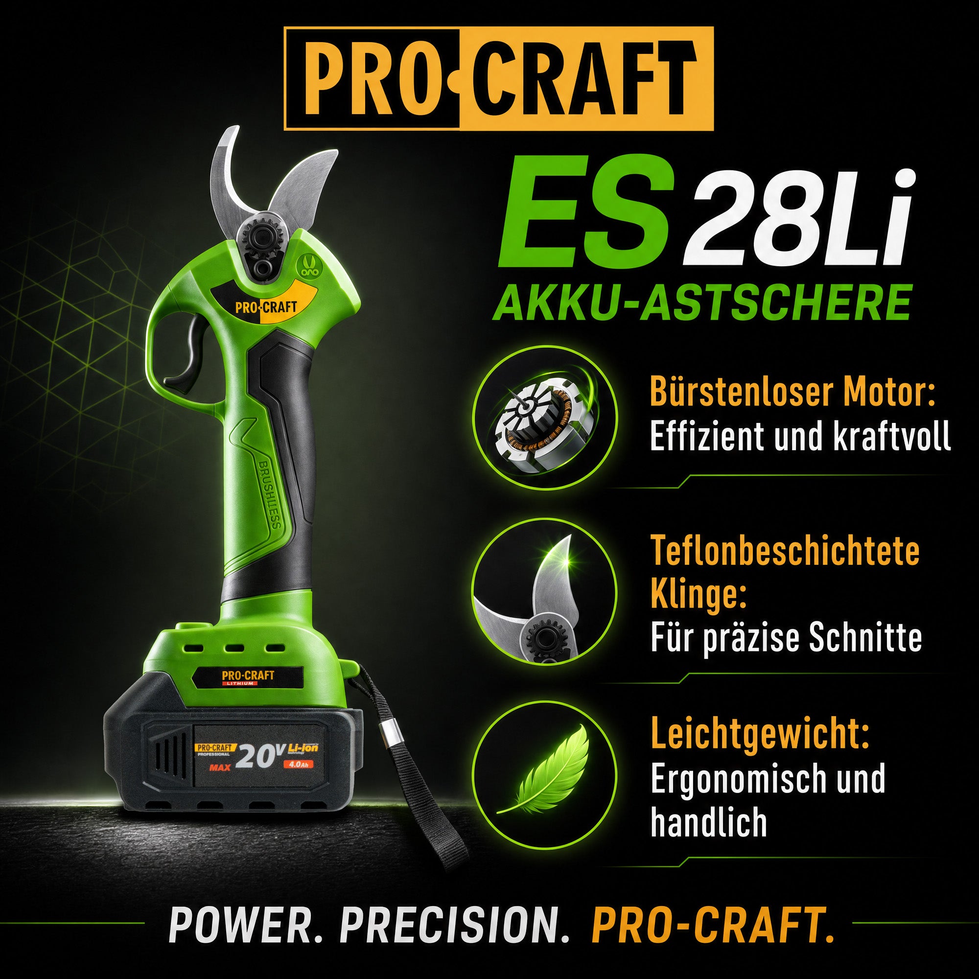 Procraft ES28Li bb Akku Astschere Gartenschere 20 V 25 mm 1x Akku 4 0 Ah Ladegeraet 1 - toolbrothers