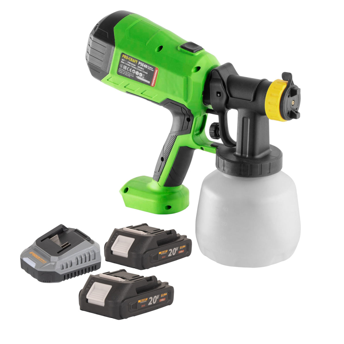 Pistola pulverizadora de pintura con batería Procraft PSE40bb 20 V + 2 baterías de 2,0 Ah + cargador