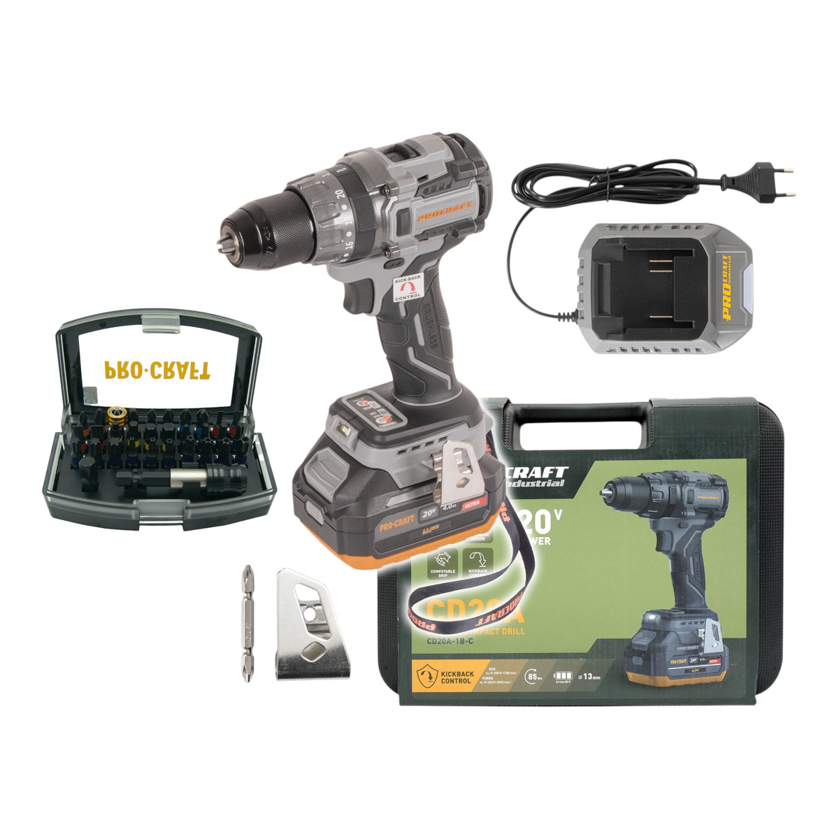 Taladro atornillador de impacto a batería Procraft Industrial CD20A 20 V 85 Nm + 1 batería 4,0 Ah + cargador + maletín