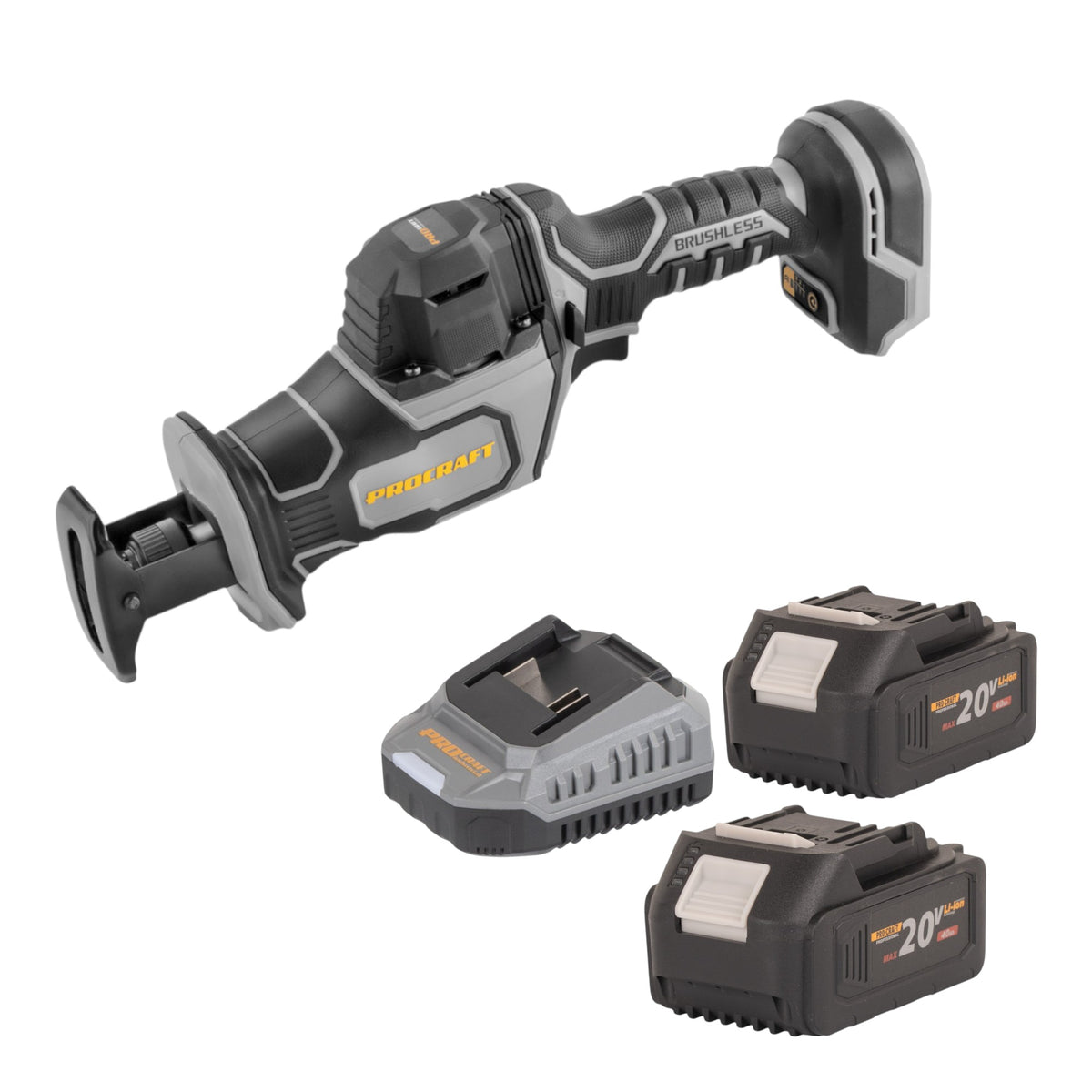 Sierra sable Procraft Industrial RS20Abb 20 V sin escobillas + 2 baterías de 4,0 Ah + cargador