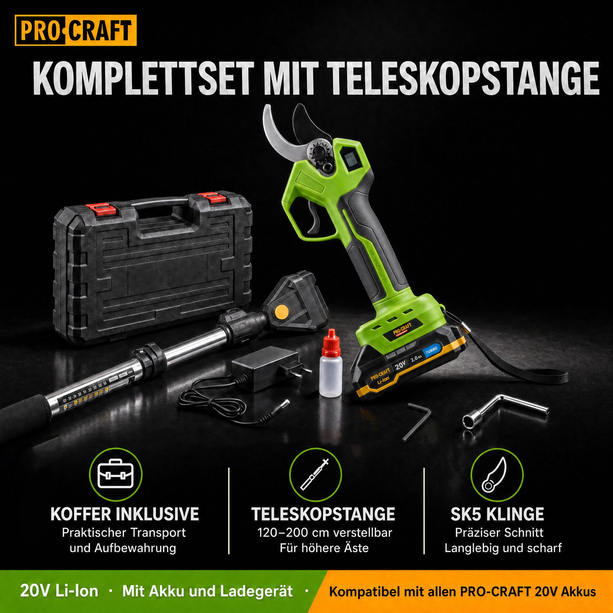 Procraft ES32Li Akku Astschere 20 V Brushless Teleskop Verlaengerung Aufsatz 1x Akku 2 0 Ah Ladegeraet Koffer 1 - toolbrothers