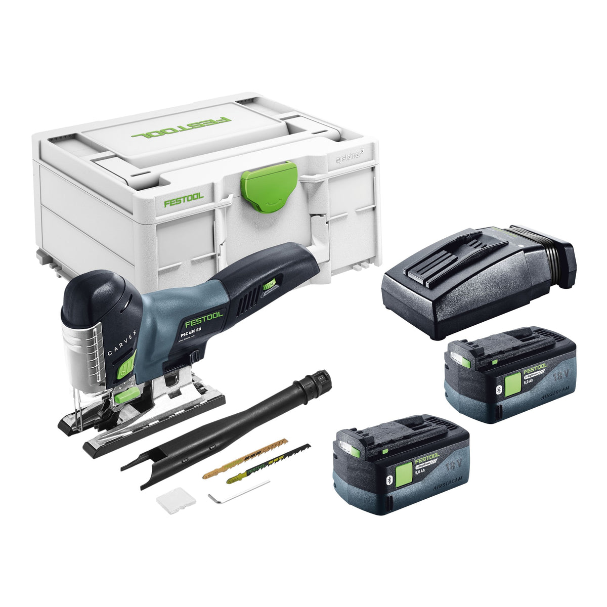 Sierra caladora oscilante a batería Festool CARVEX PSC 420 EB-Basic 18 V 120 mm sin escobillas + 2 baterías de 5,0 Ah + cargador + Systainer