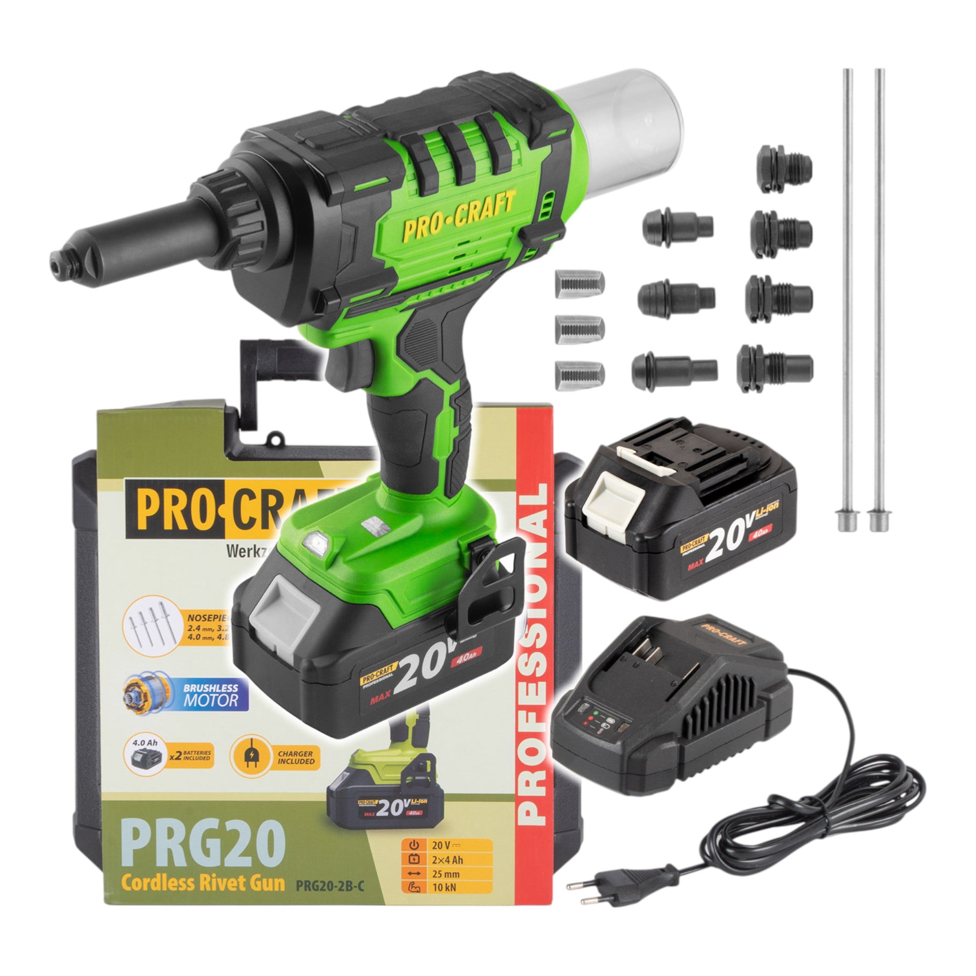 Procraft PRG20 Akku Blindnietpistole 20 V 10 kN 2 4 6 mm Brushless 2x Akku 4 0 Ah Ladegeraet Koffer 0 - toolbrothers