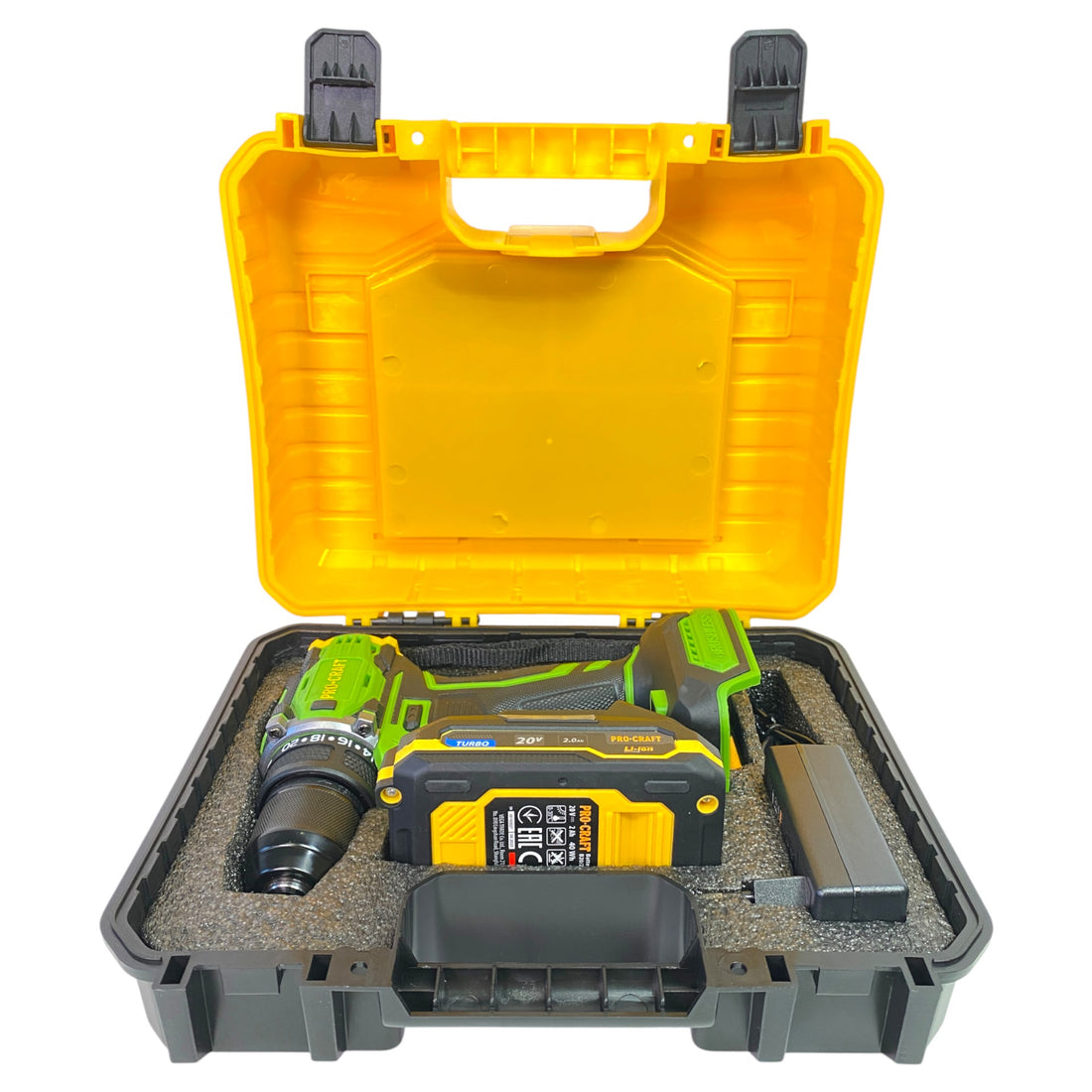 Taladro atornillador a batería Procraft PA18Pro2-1B-C 20 V 30 Nm sin escobillas + 1 batería de 2,0 Ah + cargador + juego de 13 puntas + maletín