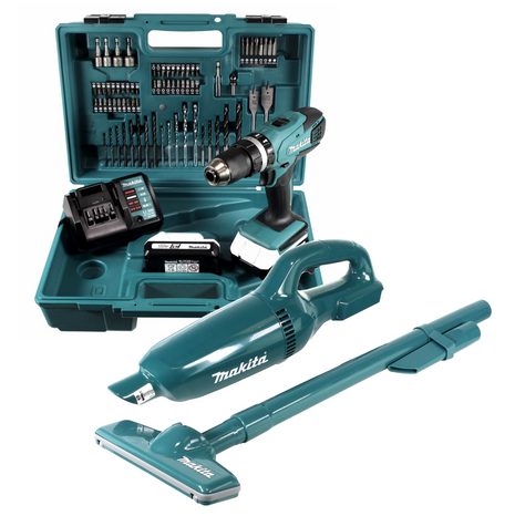 Makita HP 457 DWE Akku Schlagbohrschrauber 18V 42Nm + Akku Staubsauger + 2x Akkus 1,5Ah + Lader + 74-tlg. Zubehörset im Koffer - Toolbrothers