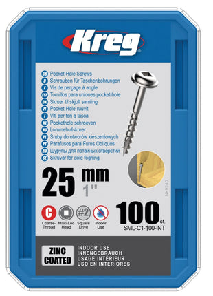 KREG Pocket-Hole Zylinderkopfschraube 25 mm 100 Stk ( SML-C1-100 ) Vierkantantrieb Teilgewinde Grobgewinde selbstschneidend verzinkt - Toolbrothers