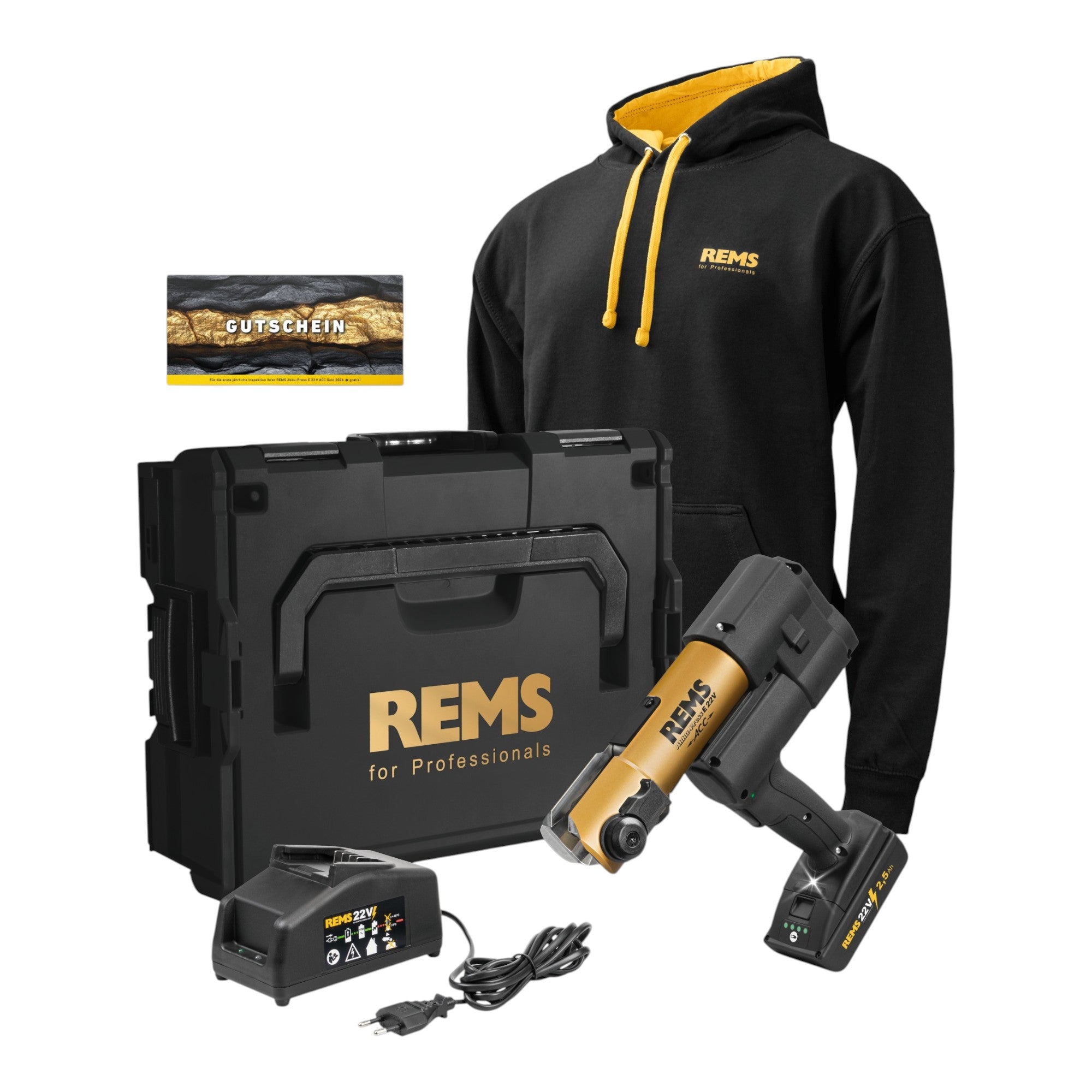 REMS E 22 V ACC Gold Basic Pack Akku Radialpresse 22 V 32 kN 576X17 RG220 1x Akku 2 5 Ah 1x Ladegeraet Hoodie L Boxx 0 - toolbrothers