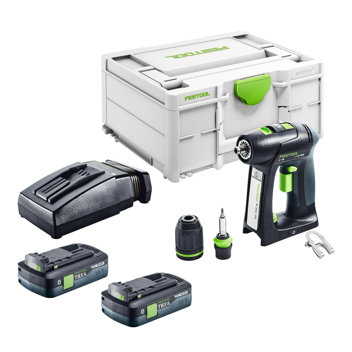 Juego Festool C 18 HPC 4,0 l taladro atornillador a batería 18 V 45 Nm sin escobillas ( 576992 ) + 2x batería recargable 4,0 Ah + cargador + fijación excéntrica + fijación angular + systainer