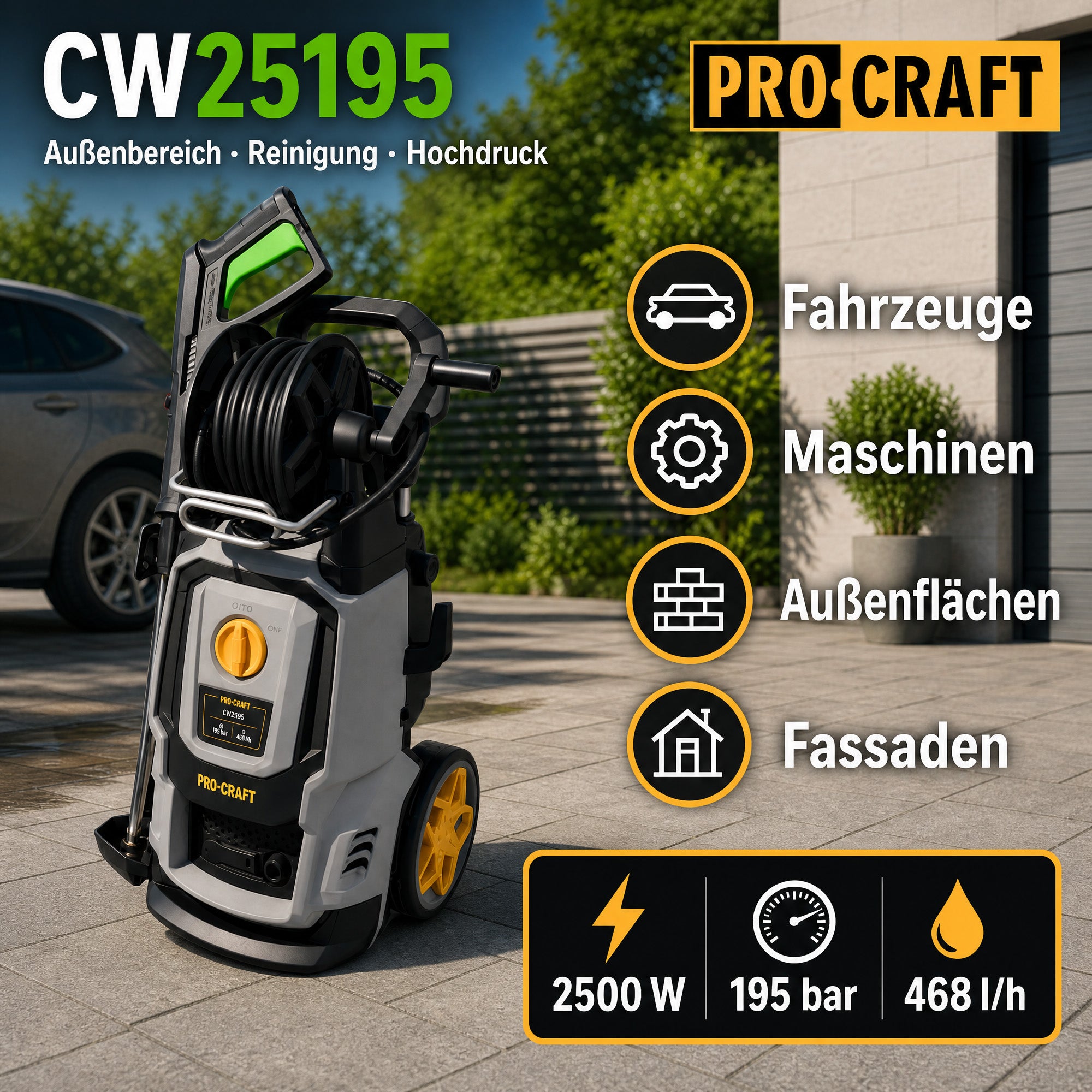 Procraft CW2 5 195 Kaltwasser Hochdruckreiniger 2500 Watt 195 bar 7 8 l min Zubehoer Max Wassertemperatur 40 C 3 - toolbrothers
