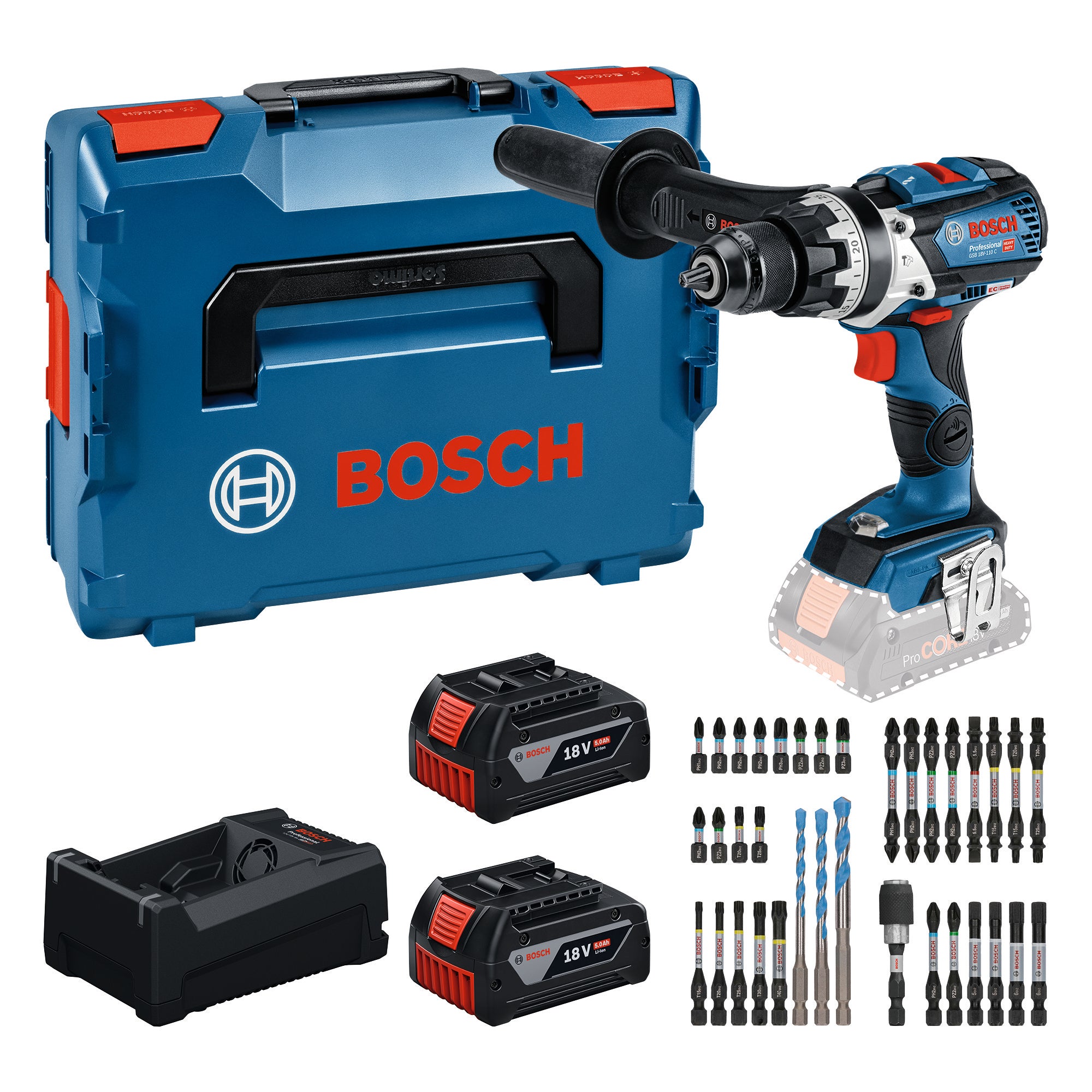 Bosch GSB 18V 110 C Professional Akku Schlagbohrschrauber 18 V 110 Nm 0615A500E0 Brushless 2x Akku 5 0 Ah Ladegeraet 35 tlg Bit Set L Boxx 0 - toolbrothers