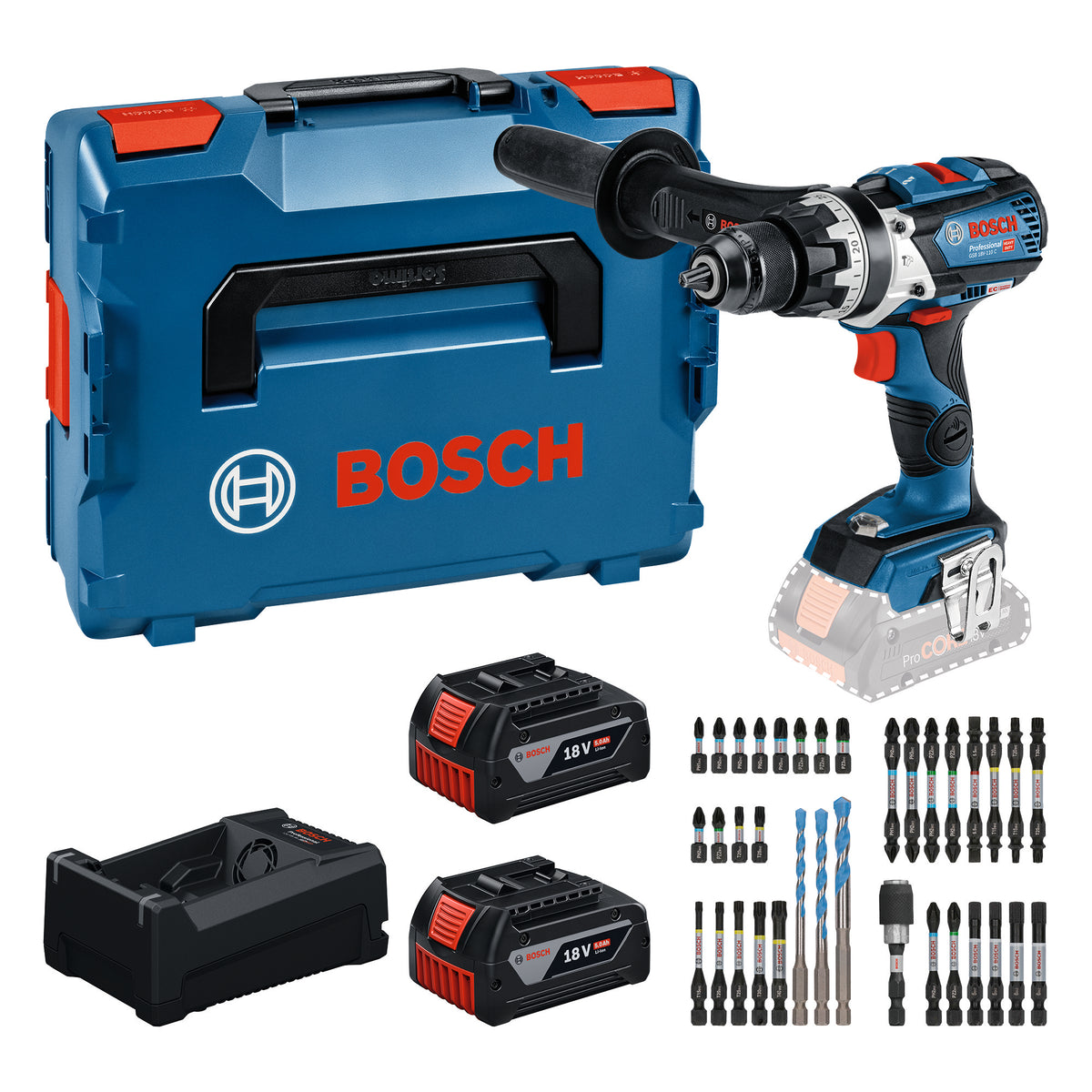 Taladro atornillador a batería Bosch GSB 18V-110 C Professional 18 V 110 Nm (0615A500E0) sin escobillas + 2 baterías de 5,0 Ah + cargador + juego de 35 puntas + L-Boxx
