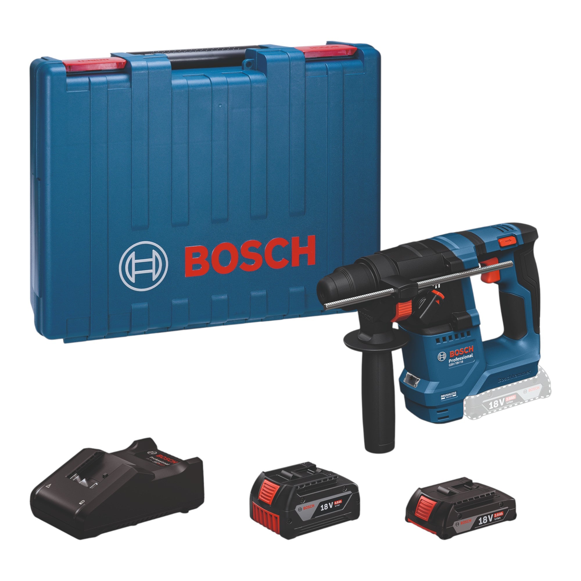 Bosch GBH 18V 18 Professional Akku Bohrhammer 18 V 1 5 J SDS plus Brushless 0611927004 2x Akku 2 0 Ah 4 0 Ah Ladegeraet Koffer 0 - toolbrothers