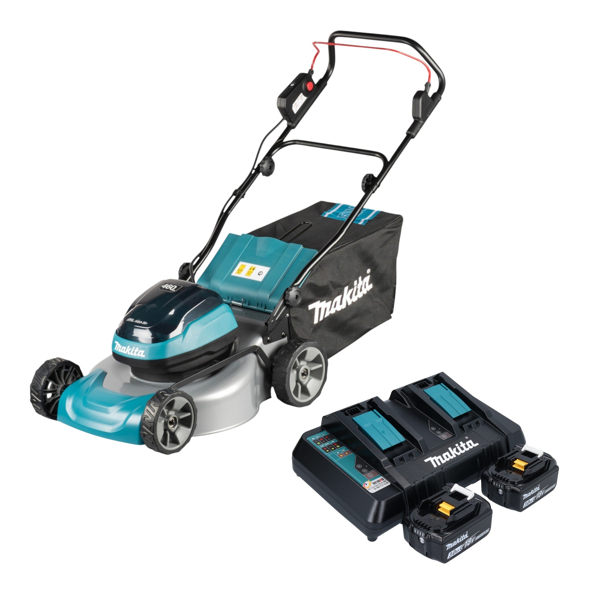 Makita DLM 466 PF2 Akku Rasenmaeher 36 V 2x 18 V 46 cm Brushless 2x Akku 3 0 Ah Ladegeraet 0 - toolbrothers