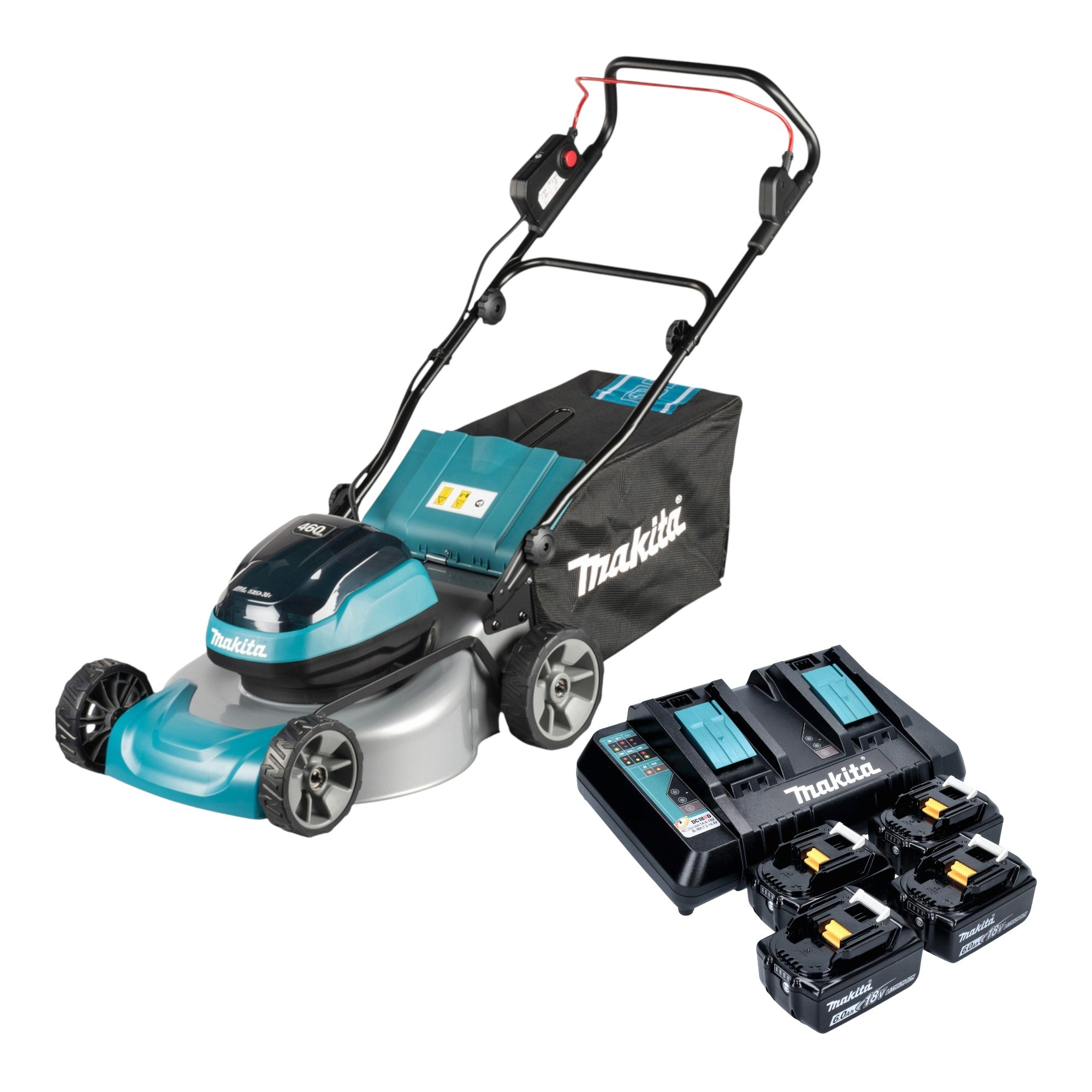 Makita DLM 466 PG4 Akku Rasenmaeher 36 V 2x 18 V 46 cm Brushless 4x Akku 6 0 Ah Ladegeraet 0 - toolbrothers