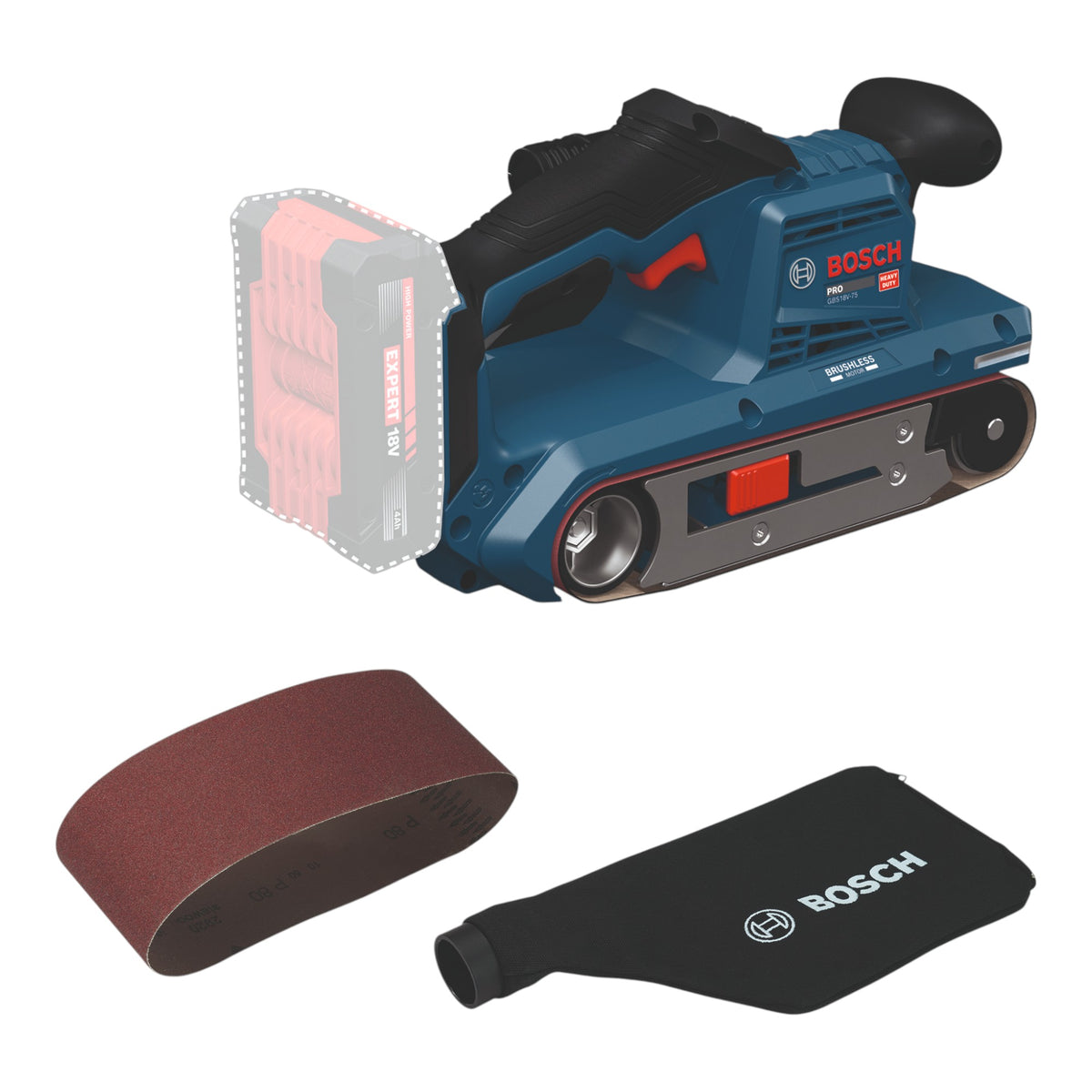 Lijadora de banda a batería Bosch GBS 18V-75, 18 V, 76 x 533 mm, sin escobillas (06012C2000), Solo - sin batería, sin cargador