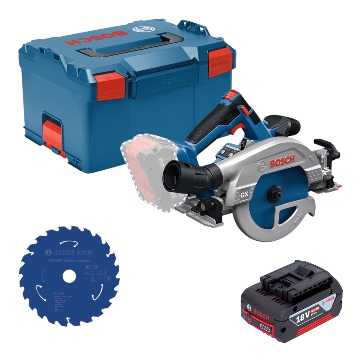 Sierra circular a batería Bosch GKS 18V-57-2 GX Professional de 18 V y 165 mm sin escobillas + 1 batería de 4,0 Ah + L-Boxx - sin cargador