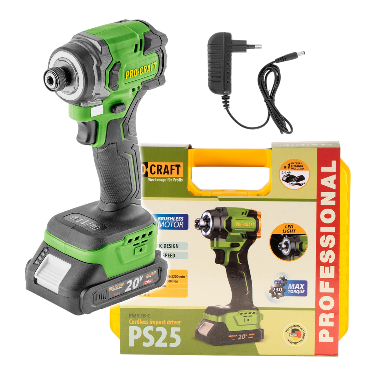 Atornillador de impacto a batería Procraft PS25-1B-C 20 V 230 Nm 1/4" sin escobillas + 1 batería de 2,0 Ah + cargador + maletín
