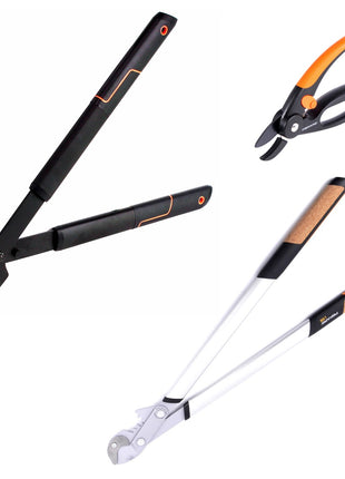 Fiskars Baum- und Strauchset mit S L28 Bypass Astschere, L109 Getriebe Astschere und P43 Amboss Gartenschere - Toolbrothers