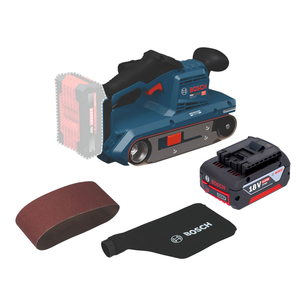 Lijadora de banda a batería Bosch GBS 18V-75 de 18 V, 76 x 533 mm, sin escobillas + 1 batería de 4,0 Ah - sin cargador