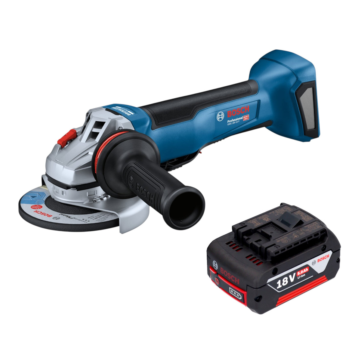 Amoladora angular a batería Bosch GWS 18V-10 P Professional de 18 V y 125 mm sin escobillas + 1 batería de 5,0 Ah - sin cargador